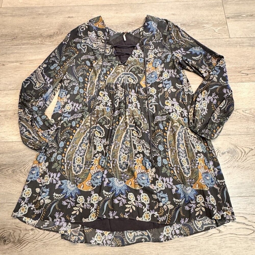 Free People Rain or Shine Paisley Lace Up Boho Tunic Dress Pockets Gray Sz Small